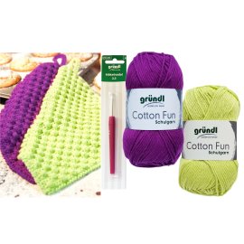 SB Pack Gründl Cotton Fun Häkelset für Topflappen Inhalt 4x50g Material 100% Baumwolle inkl. Häkelanleitung und Häkelnadel in verschiedenen Farben