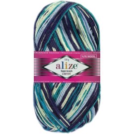100 Gramm Alize Sockenwolle Superwash Comfort Color 7708 Blau Türkis Mix